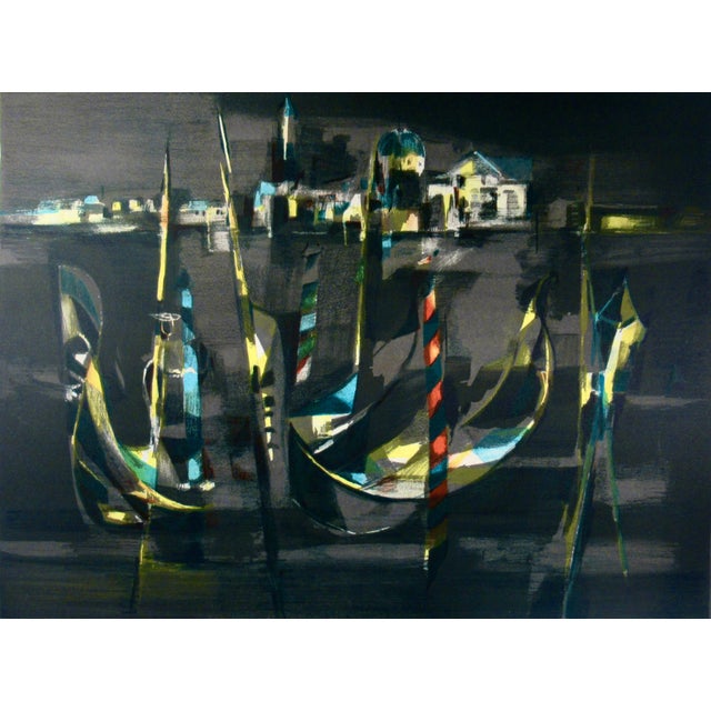 This artwork titled "Gondolas in the Front of St. Georges at Night" c.1980, is an original colors lithograph on Arches...