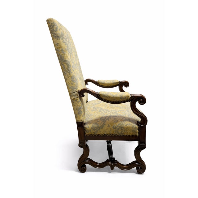 Antique French High-Back Armchair with Damask Upholstery For Sale - Image 5 of 9