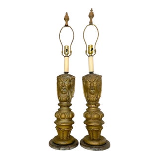 Pair Antique Large Hand Carved Victorian Wood Architectural Salvage Table Lamps For Sale