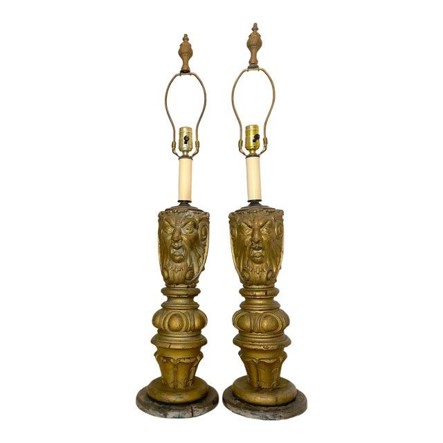 Pair Antique Large Hand Carved Victorian Wood Architectural Salvage Table Lamps For Sale
