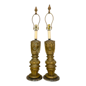 Pair Antique Large Hand Carved Victorian Wood Architectural Salvage Table Lamps