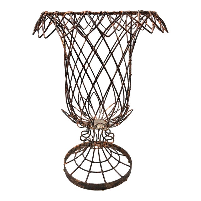 Vintage French Wire Pedestal Planter – Garden Urn Plant Stand – Victorian Style Metal Planter For Sale