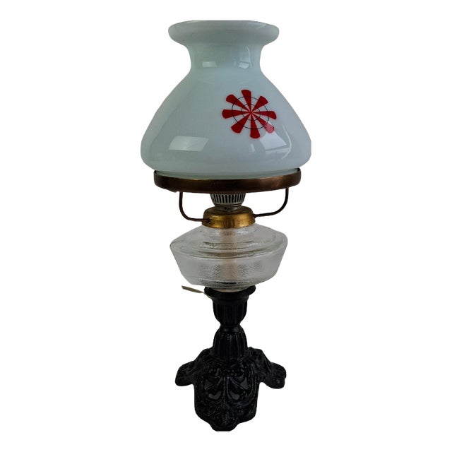 Oil Lamp Style Table Lamp in Milk Glass, Former Czechoslovakia, 1960s For Sale