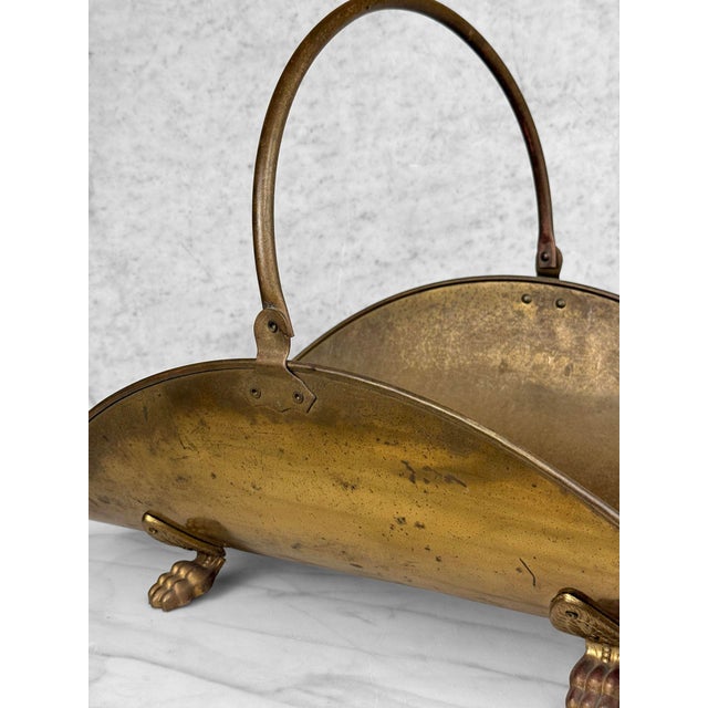 Vintage English Regency Brass Lions Paw Fireplace Firewood Log Holder For Sale - Image 9 of 10