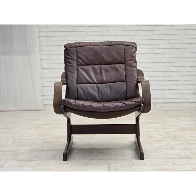 Brown Scandinavian Armchair in Brown Furniture Leather, 1970s For Sale - Image 8 of 18