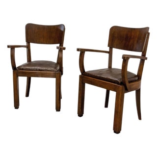 Antique French Beech Armchair in Leather and Wood, 1940, Set of 2 For Sale