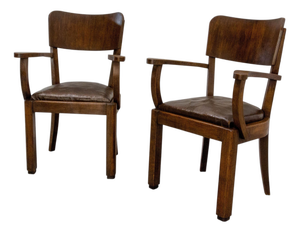 Antique French Beech Armchair in Leather and Wood, 1940, Set of 2