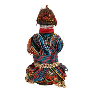 Rare African Beaded Fertility Doll Cameroon With Stand 13" H For Sale