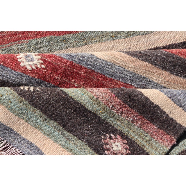 Turkish Vintage Kilim Striped Runner With Tribal Motifs in Copper and Greens For Sale - Image 10 of 11