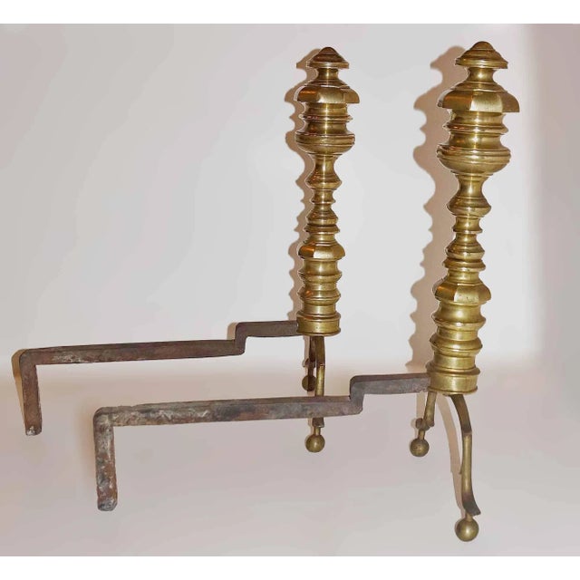 Pair of antique 19th century brass beehive andirons with spurred cabriole legs and ball feet.