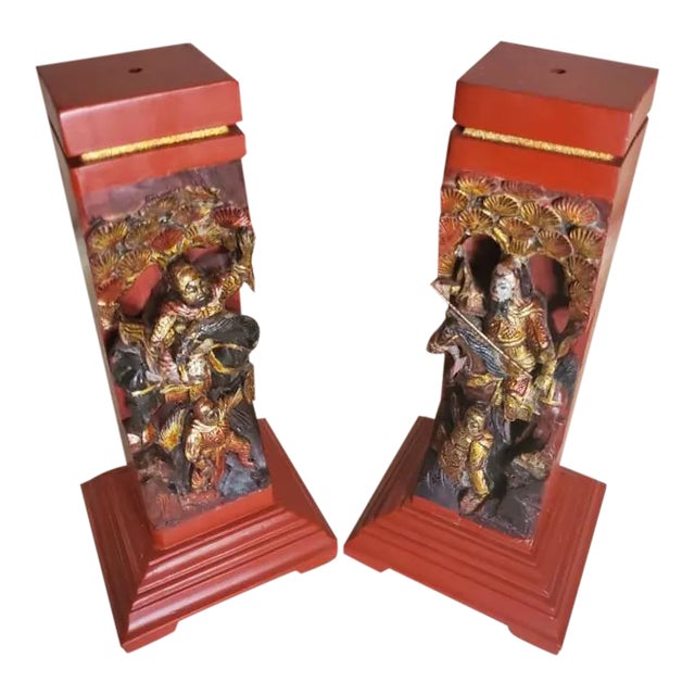 Vintage Chinese Hand Carved Wooden Figural Incense Stands - a Pair For Sale