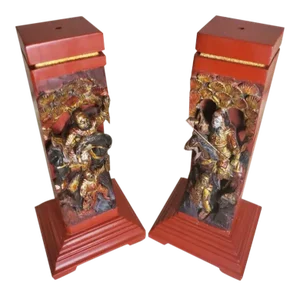 Vintage Chinese Hand Carved Wooden Figural Incense Stands - a Pair