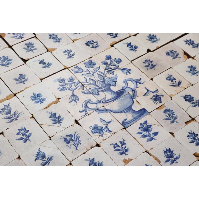 Antique Large Tiles Mural Panel, Blue & White Flowers and Vases, Portuguese, 18th Century For Sale - Image 4 of 18