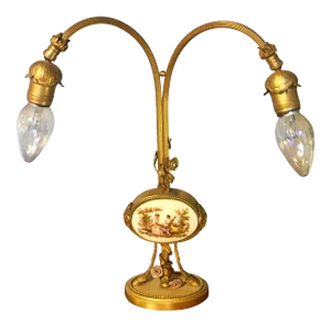 C. 1910 French Gilt and Tole Lamp With Porcelain Cartouche