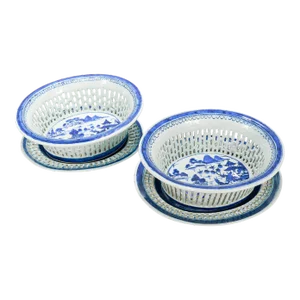 Pair of Antique Blue & White Canton Chinese Export Porcelain Chestnut Baskets