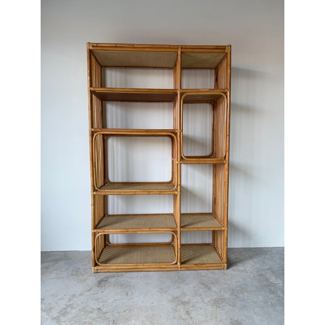 Large- Vintage Coastal Rattan Bookcase Étagère With Cane Shelves For Sale - Image 4 of 12