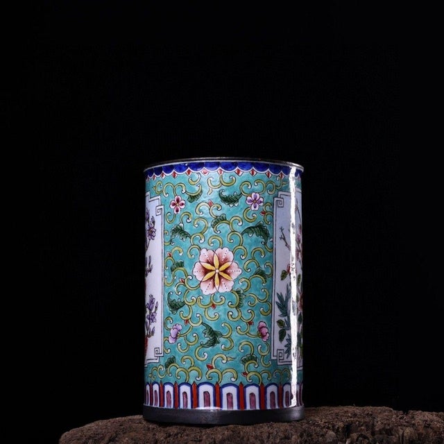 Metal Vintage Enamel on Copper Brush Pot With Floral & Butterfly Motifs – Qing Style For Sale - Image 7 of 9