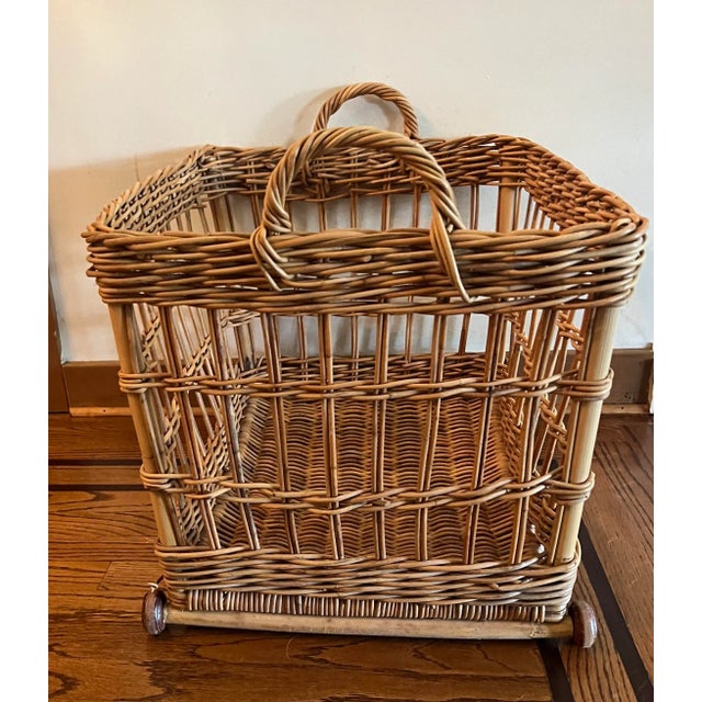 Beige Large Vintage Hand Woven Rattan Wicker Basket on Wheels European Style For Sale - Image 8 of 15