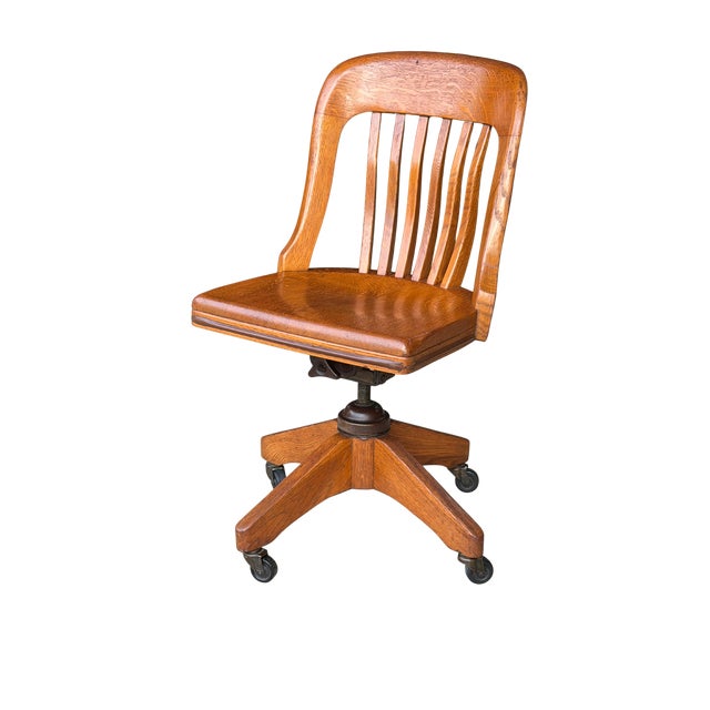 B.L. Marble Chair Company Antique B.L.Marble Chair Co. Golden Oak Swivel Desk Chair | Quarter-Sawn Oak Banker’s Chair | Early American Library & Office Chair For Sale - Image 4 of 13