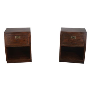 Pair of Henredon Oak Campaign Style Drop Front Nightstands For Sale