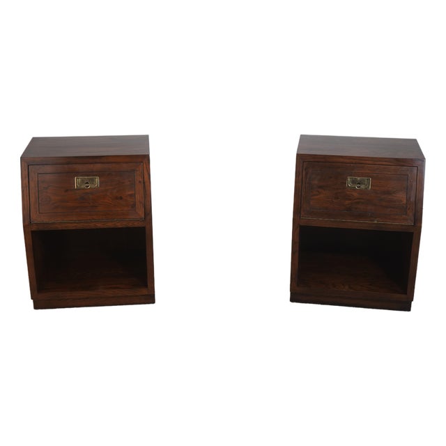 Pair of Henredon Oak Campaign Style Drop Front Nightstands For Sale