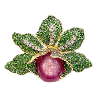 Bochic “Orient” Vintage Ruby & Multi Gem Brooch Set In 18 K Gold & Silver For Sale