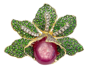 Bochic “Orient” Vintage Ruby & Multi Gem Brooch Set In 18 K Gold & Silver