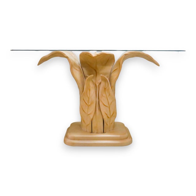 Vintage 1970s organic modern console table featuring a sculptural pedestal base with flowing leaf and botanical forms....