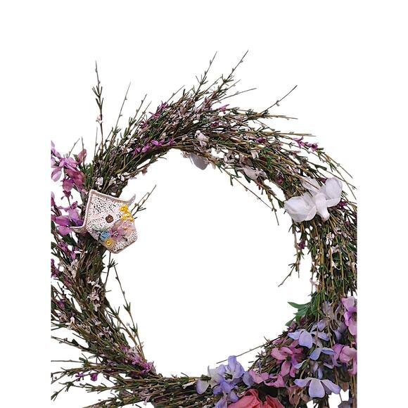 French Country Field of Flowers Spring Summer Door Wreath 18" Crochet Feather Bird House Wall For Sale - Image 3 of 11