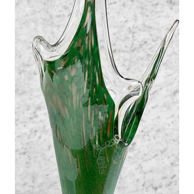 Vintage Large Italian Green Art Glass Etched Grapevine Stretch Vase For Sale - Image 6 of 10