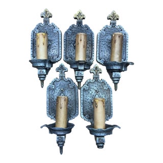 1910s Bare Bulb 4 + 1 Hammered Wall Sconces Storybook or Spanish Revival Mission Style #2598 For Sale