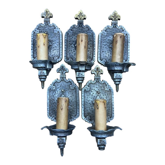 1910s Bare Bulb 4 + 1 Hammered Wall Sconces Storybook or Spanish Revival Mission Style #2598 For Sale