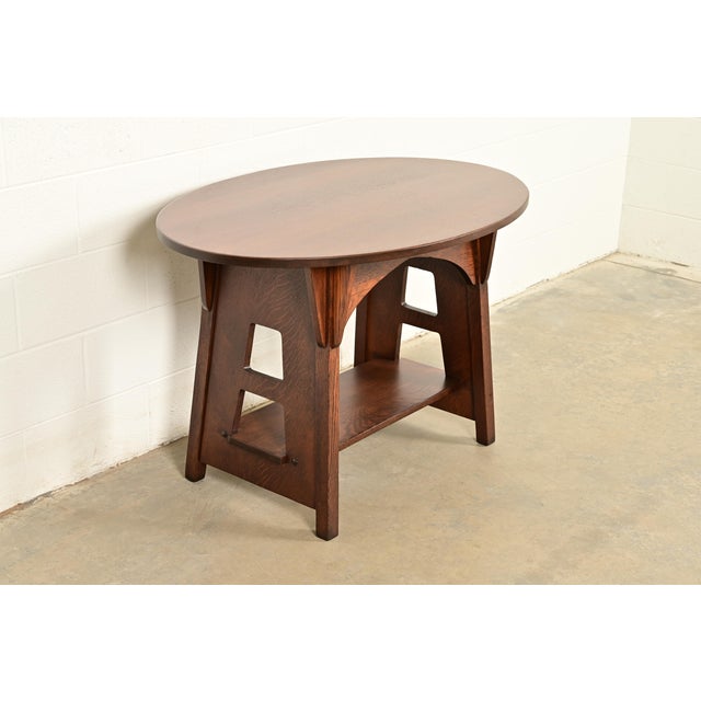 Limbert Antique Mission Oak Arts & Crafts Oval Cutout Center Table or Library Table, Newly Refinished For Sale - Image 11 of 11