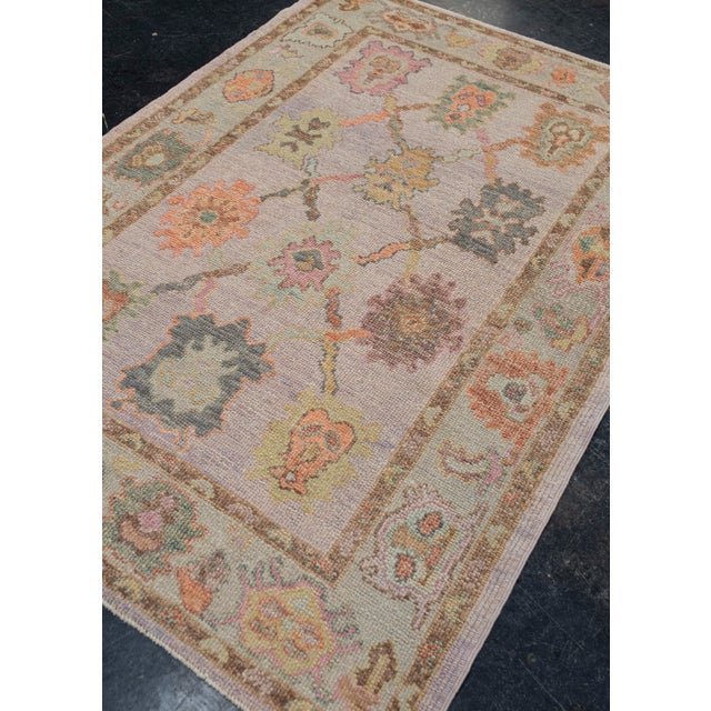 Turkish Turkish Oushak Rug Soft Lilac & Earthy Tones Handwoven Wool Rug 4'1" X 6' For Sale - Image 3 of 9