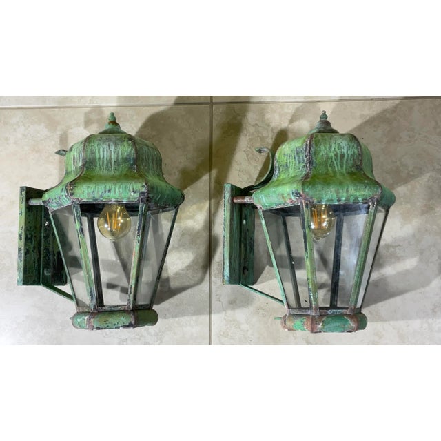 Metal Pair of Vintage Wall Hanging Brass Lantern For Sale - Image 7 of 12