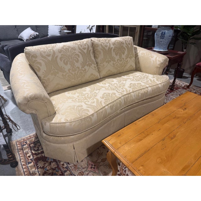 Vintage Ethan Allen Cream Damask Skirted Sofa For Sale - Image 12 of 12