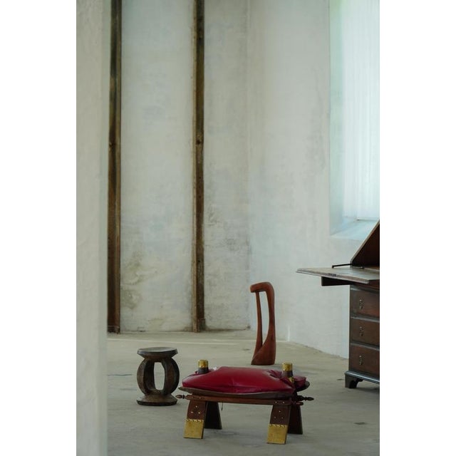 Moroccan Camel Saddle Stool in Stained Wood, Brass and Leather, North Africa, 1980 For Sale - Image 3 of 18