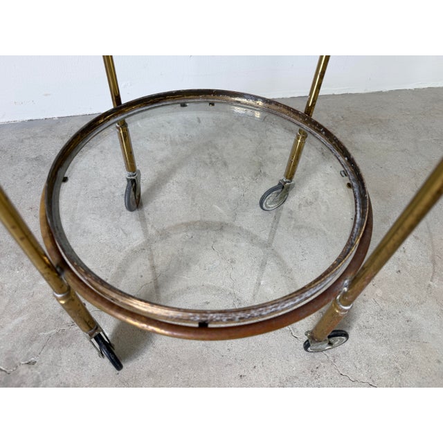 1970’s Maison Jansen Style Italian Hollywood Regency Brass & Glass Three-Tier Rolling Bar Cart With Removable Trays For Sale - Image 11 of 12