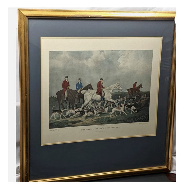 Late 20th Century Large Vintage “The Earl of Derby’s Stag Hounds” Equestrian Artwork, Custom Framed Blue, Cream, Red For Sale - Image 5 of 18