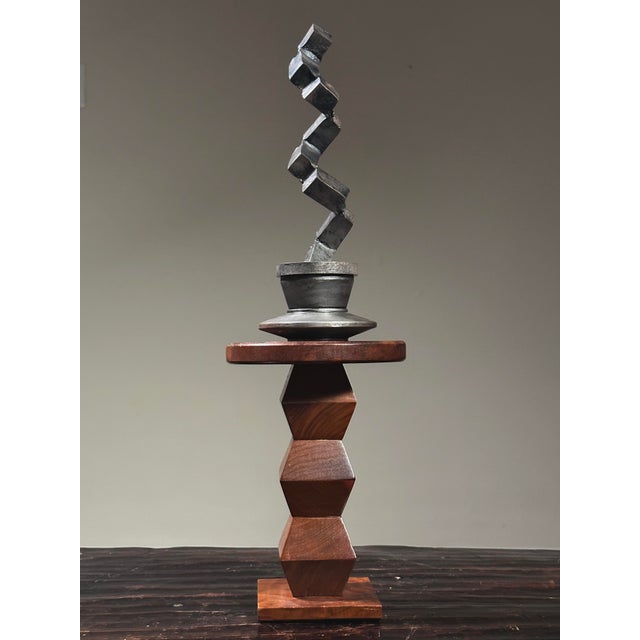 Brutalist Hand Forged Steel Abstract Sculpture, Signed. Hand forged steel abstract structure on a base. Signed illegibly...