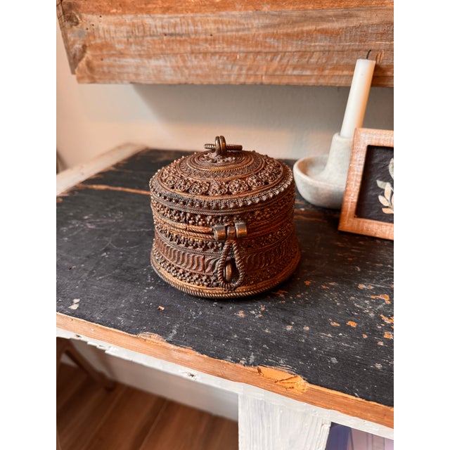 Mid 20th Century Pair of Vintage Handcrafted Brass Lidded Boxes With Ornate South Asian Metalwork For Sale - Image 5 of 8