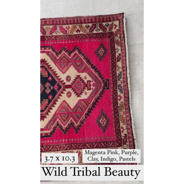 Persian Vintage Persian Runner MAGENTA Pink, Copper Indigo Purple Rug 3.7 x 10.3 For Sale - Image 3 of 12