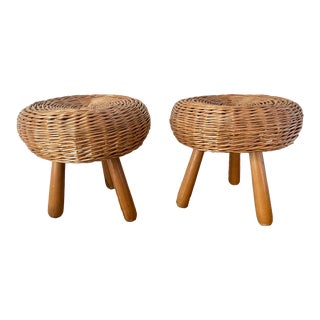 Mid 20th Century Tony Paul Rattan Wicker 3 Legged Stools - a Pair For Sale