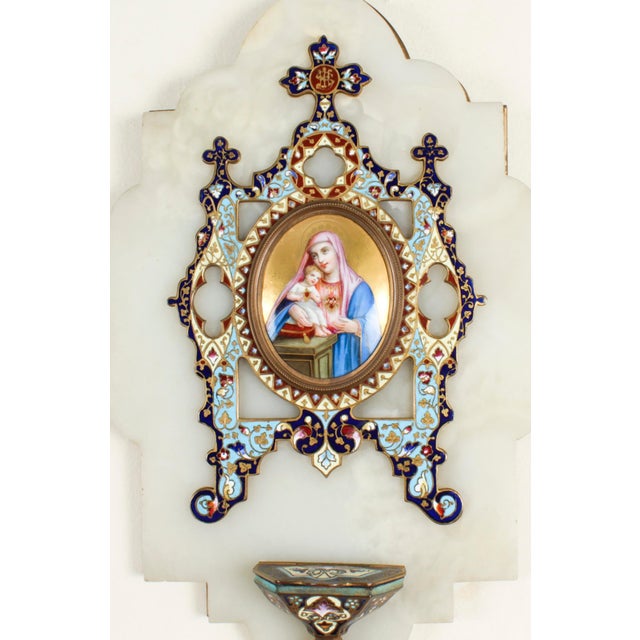 This is a beautiful large antique onyx, cloisonne' enamel decorated wall hanging holy water stoop, Circa 1880 in date. The...