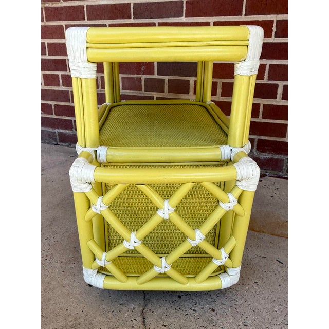 Traditional Vintage Palm Beach Regency Rattan Wicker Side Table – Lemon Grass Yellow Finish With Leather Accents - Newly Painted For Sale - Image 3 of 8