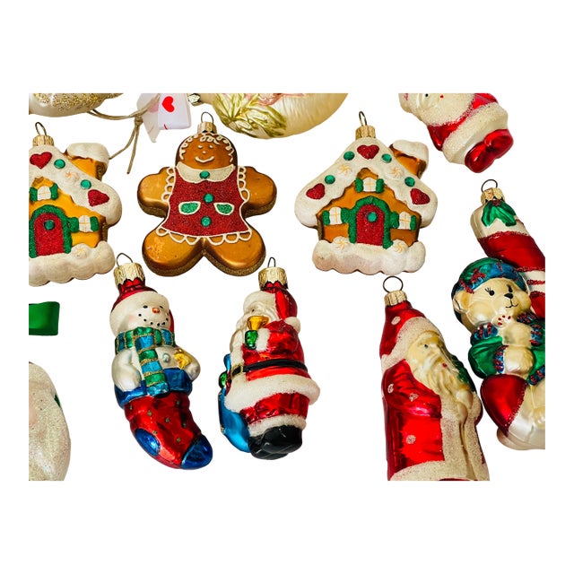 Vintage American Dozen Mercury Glass Christmas Ornaments Gingerbread and Santa Claus For Sale