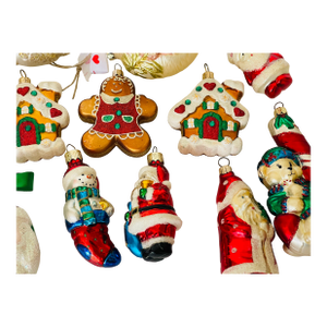 Vintage Dozen Glass Christmas Ornaments Gingerbread and Santa Claus