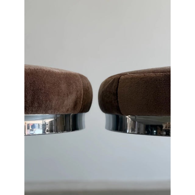 W18 D17.75 H30 These have been reupholstered with new foam and fabric. In pure classic Milo Baughman style, seat and base...
