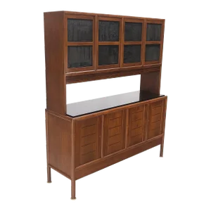 Dunbar Walnut Two Part Sideboard Credenza Breakfront Carved Slate Inserts - 2 Pieces
