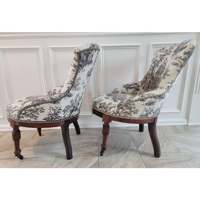 Victorian Antique Victorian Toile Upholstered Parlor Slipper Chairs on Casters – A Pair For Sale - Image 3 of 17